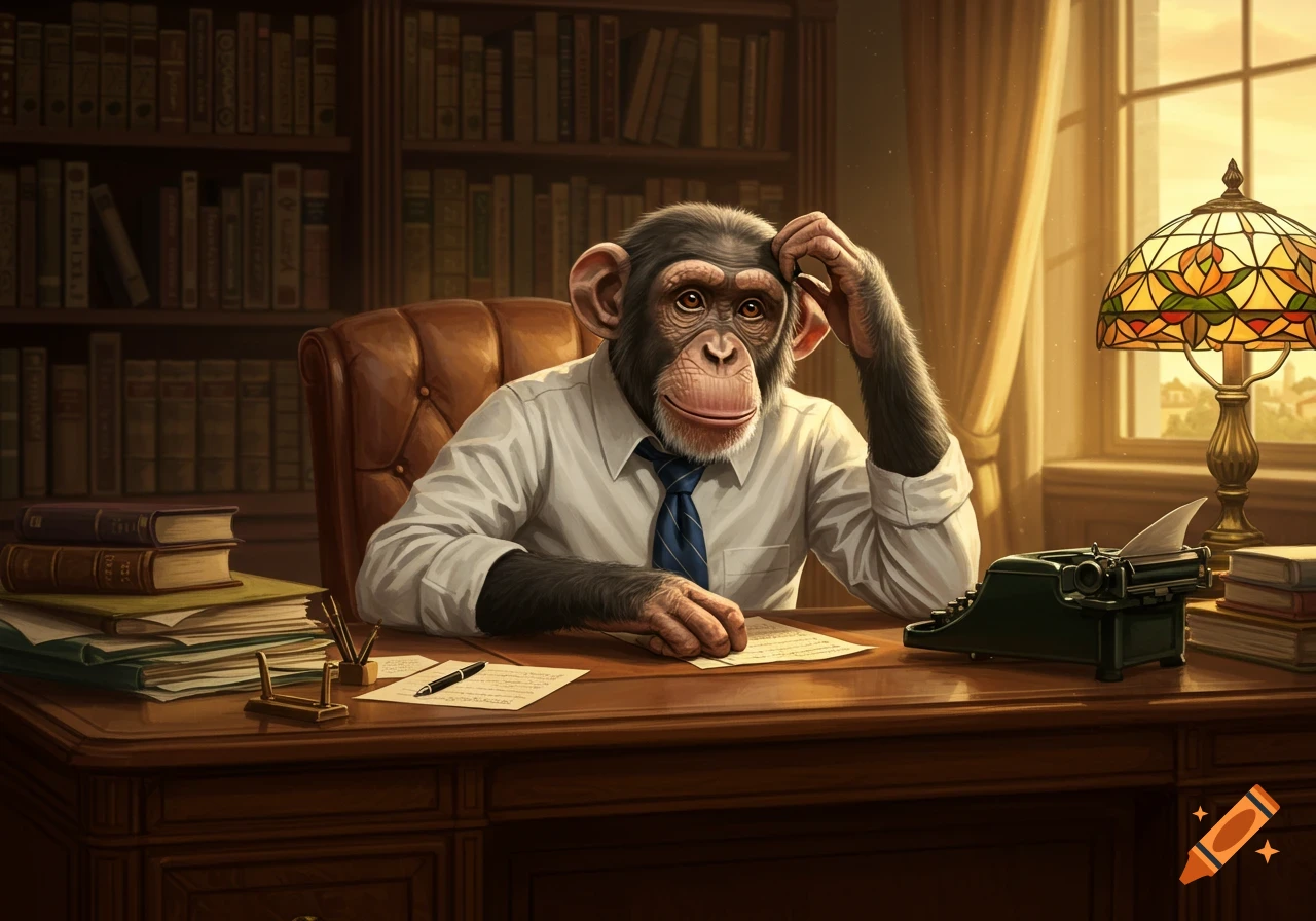 A chimpanzee in a white shirt and blue tie sits at a wooden desk with a typewriter, scratching its head.