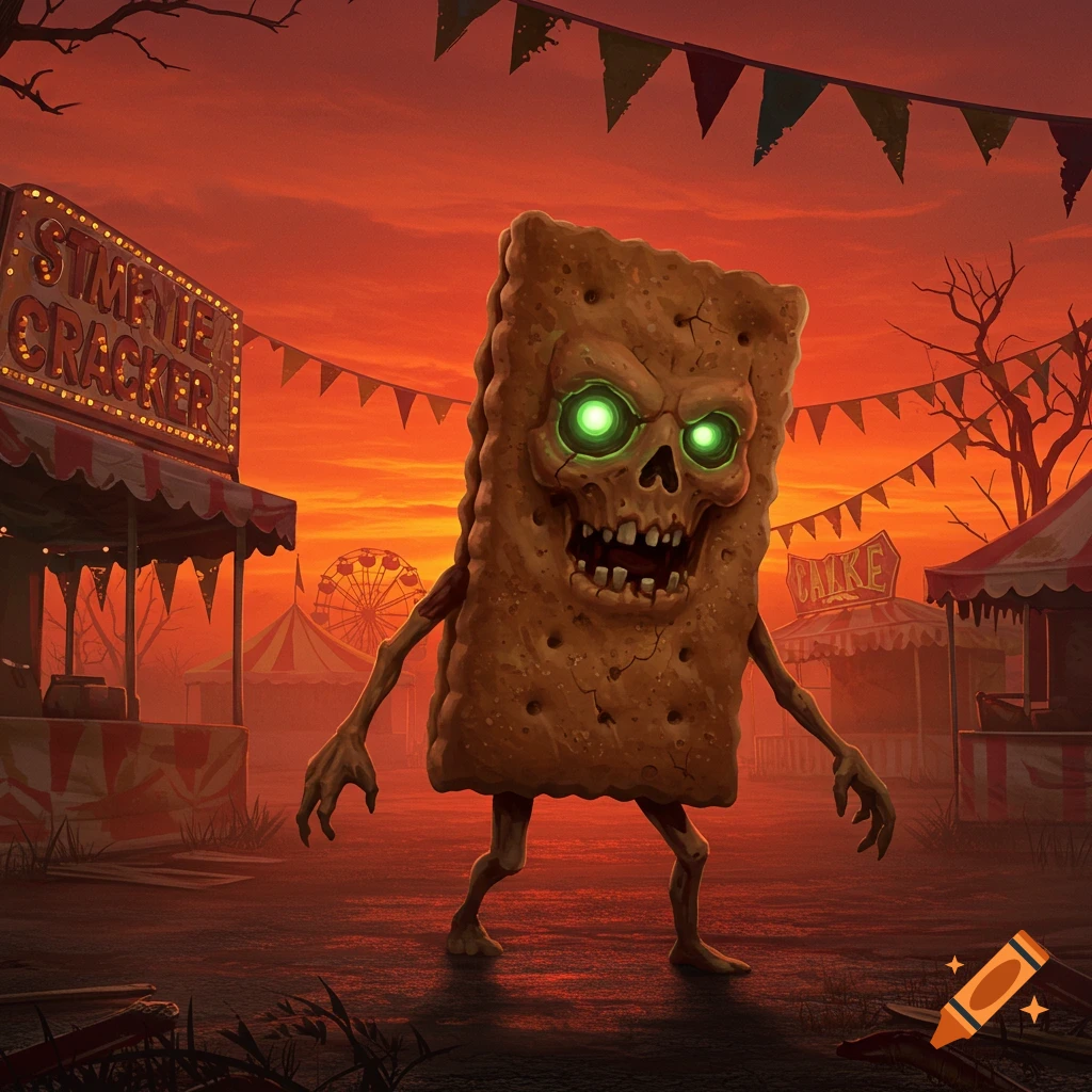 A creepy zombie cracker with glowing green eyes stands in a desolate, spooky carnival at sunset, in a detailed digital art style.