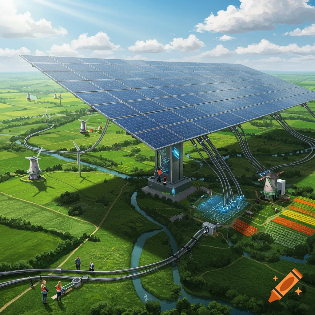 A large solar panel array above green fields, rivers, and windmills, with workers managing energy infrastructure in a detailed illustration.