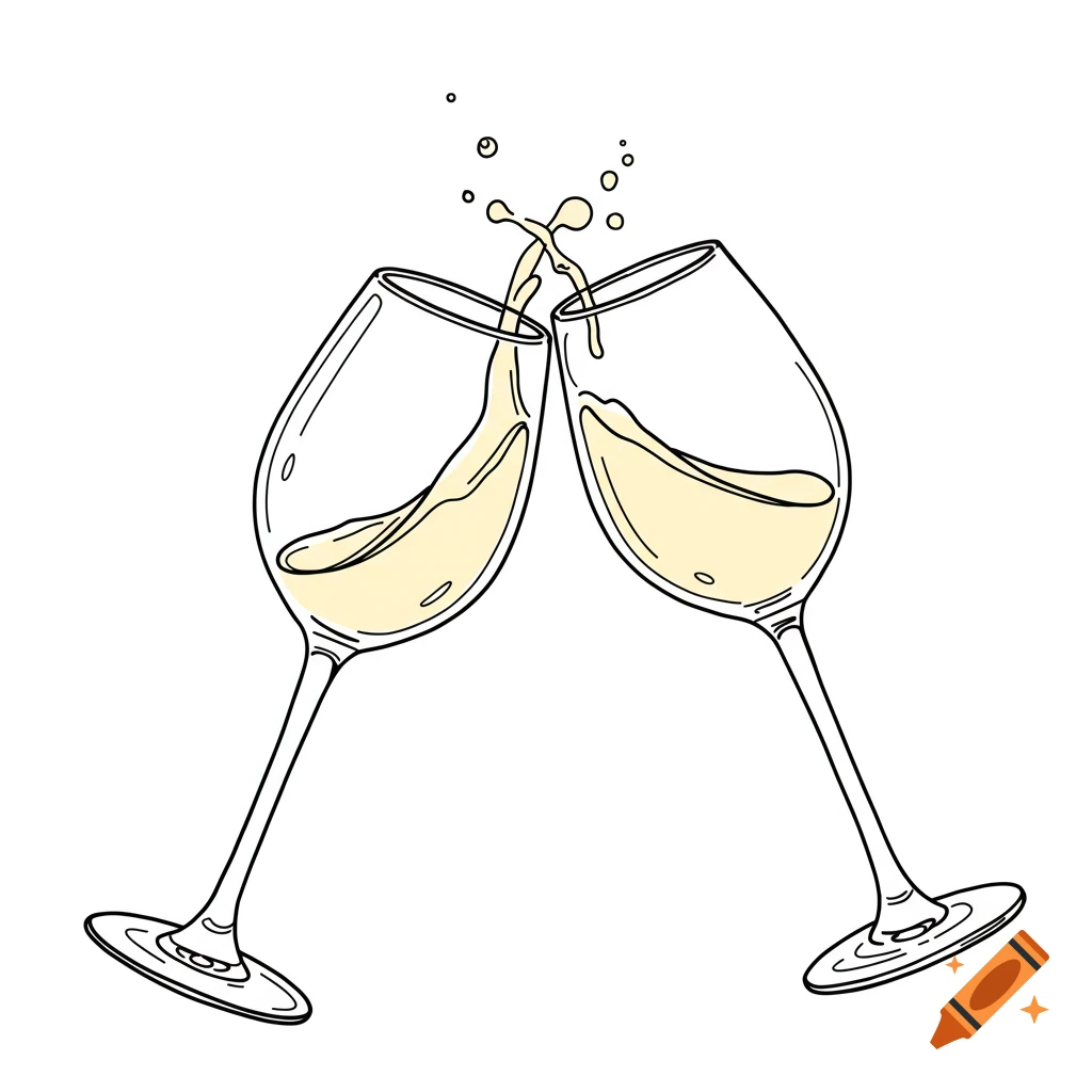 Two white wine glasses clinking, with wine spilling out, in a line drawing style.