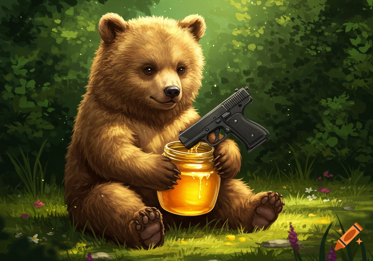 A cartoon bear cub sits in a forest, holding a honey jar and a pistol.