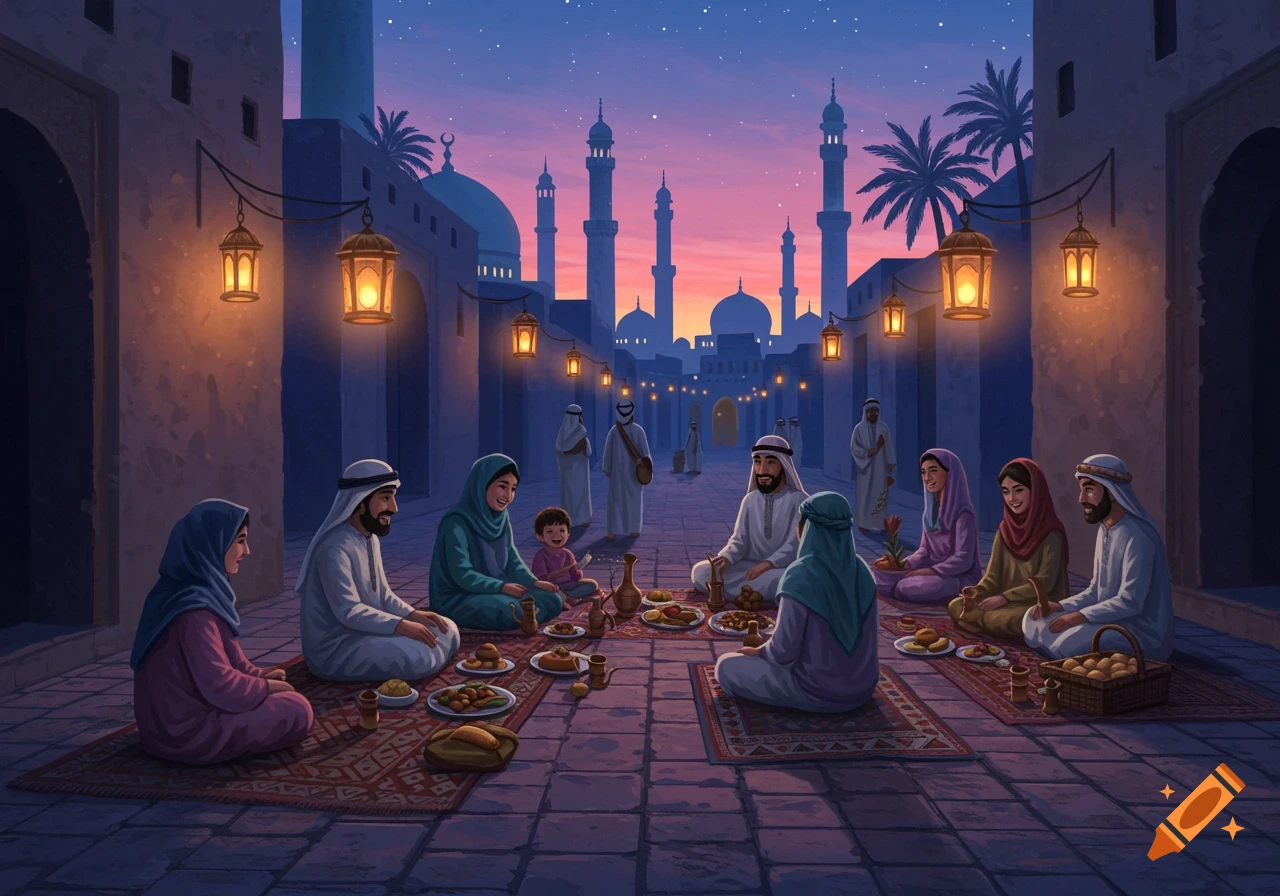 People in traditional attire share a meal on rugs in a lantern-lit Middle Eastern street at dusk with mosques in the background.
