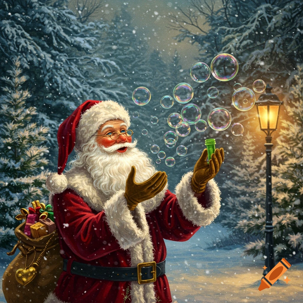 Santa Claus in a snowy forest blowing bubbles from a small green bottle, with a warm street lamp nearby.