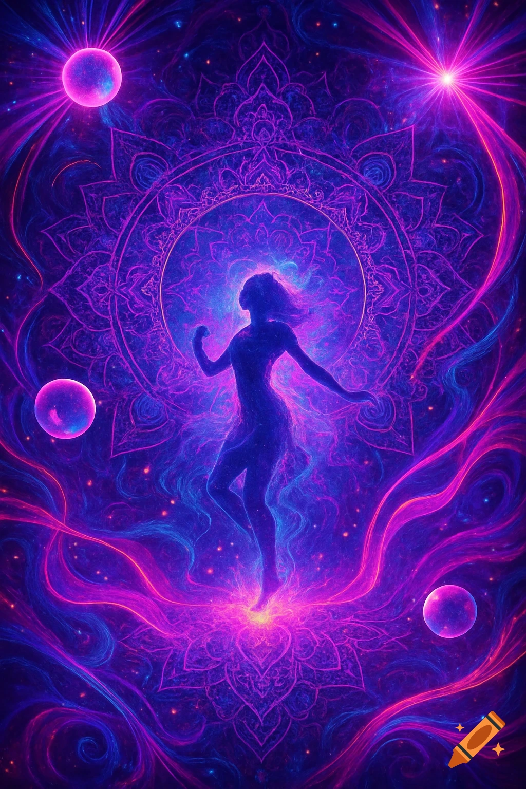 A psychedelic image of a dancing silhouette on a glowing lotus in a vibrant purple and blue cosmic background with energy waves.