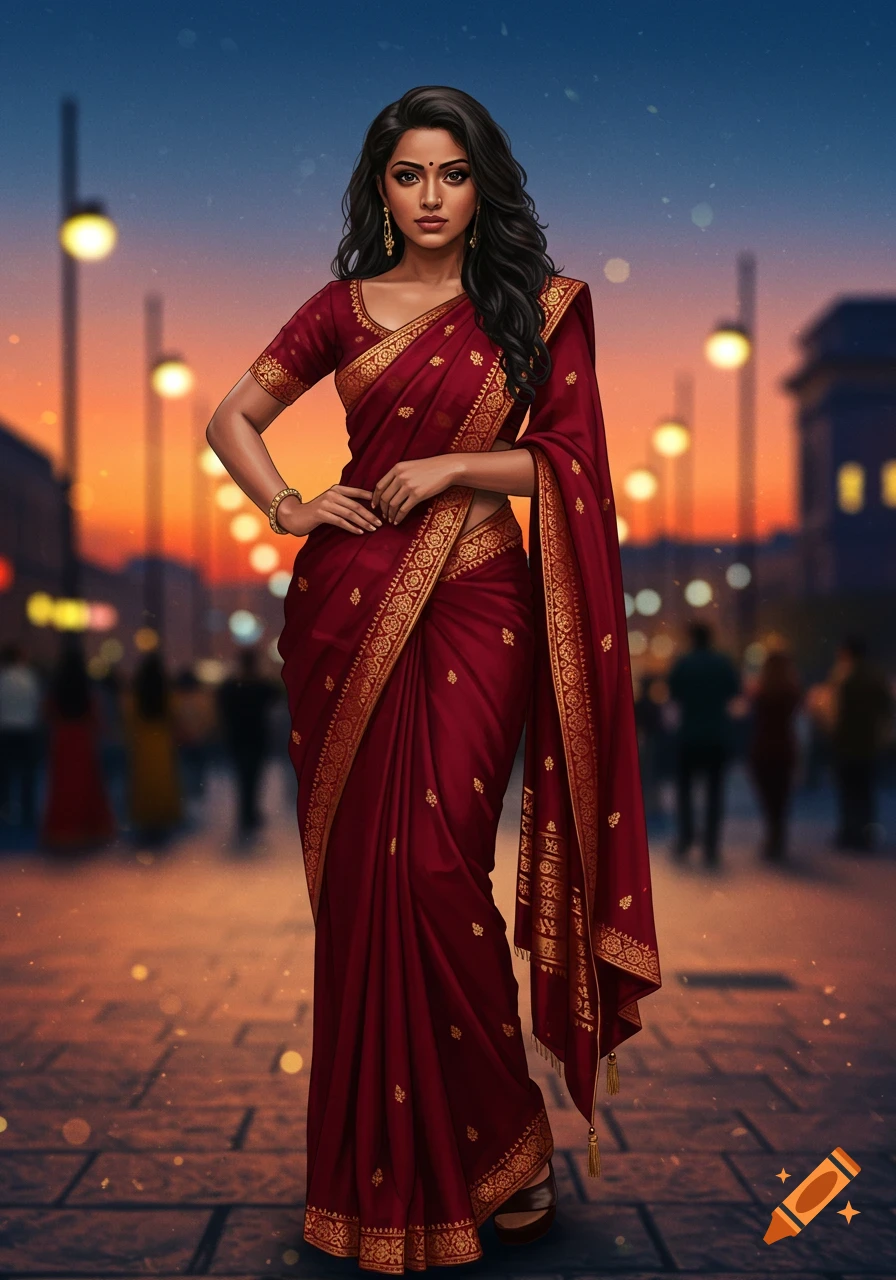 A digital art illustration of an Indian woman in a red and gold sari standing in a city street at sunset.