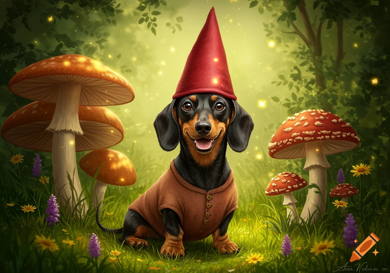 A happy miniature dachshund wearing a red gnome hat and brown shirt sits in a magical forest with glowing mushrooms and fireflies.