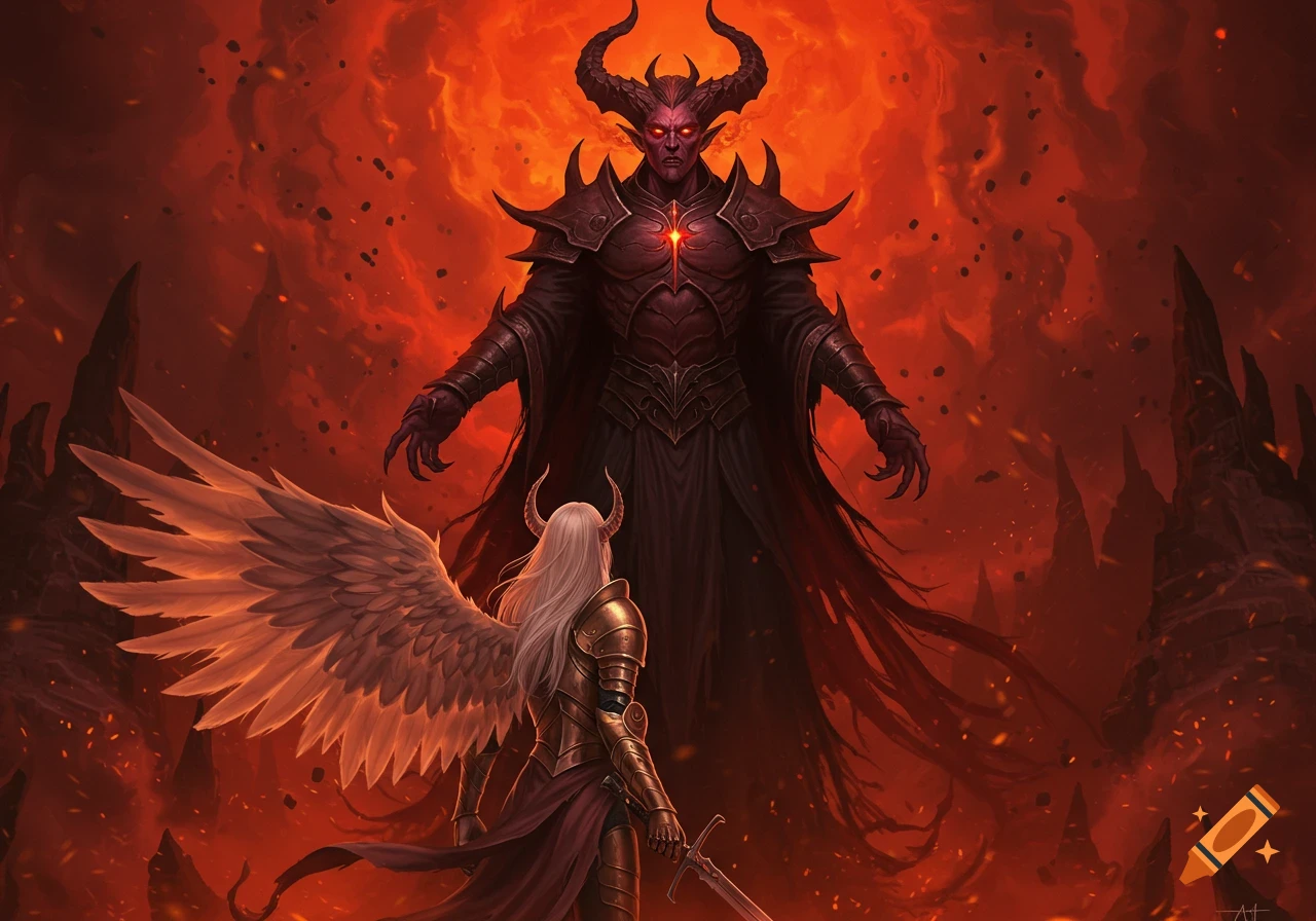 An angelic warrior in golden armor with white wings confronts a large horned demon in black armor against a fiery, hellish background, digital art.