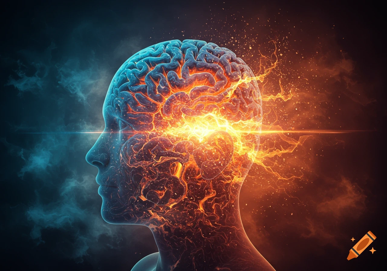 Profile view of a glowing human brain emanating orange and blue energy and particles against a dark, smoky background.