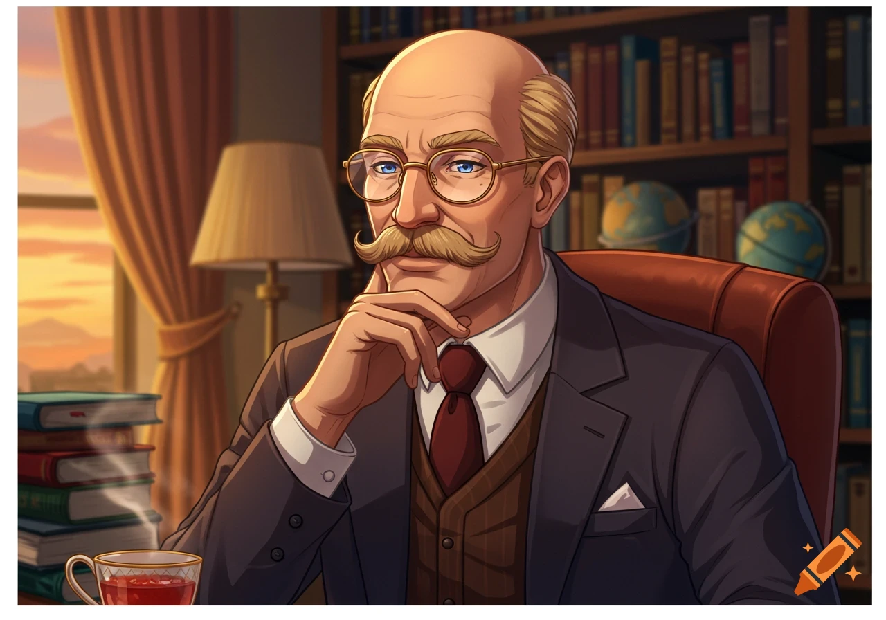 An anime-style portrait of a bald, blue-eyed man with a blond mustache and glasses, wearing a suit, sitting in a library at sunset.