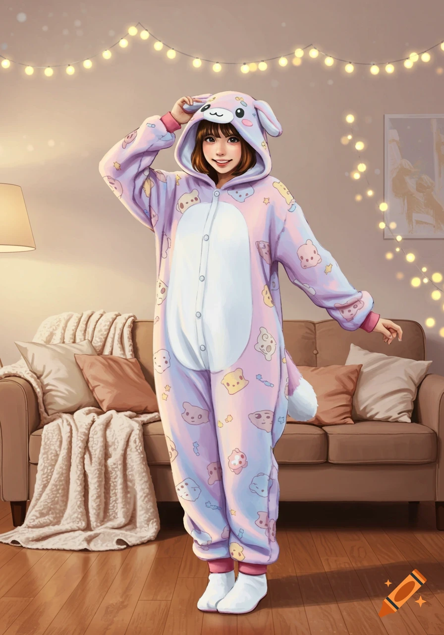 An anime-style illustration of a smiling person in a pink and purple animal onesie, standing in a cozy room with string lights.