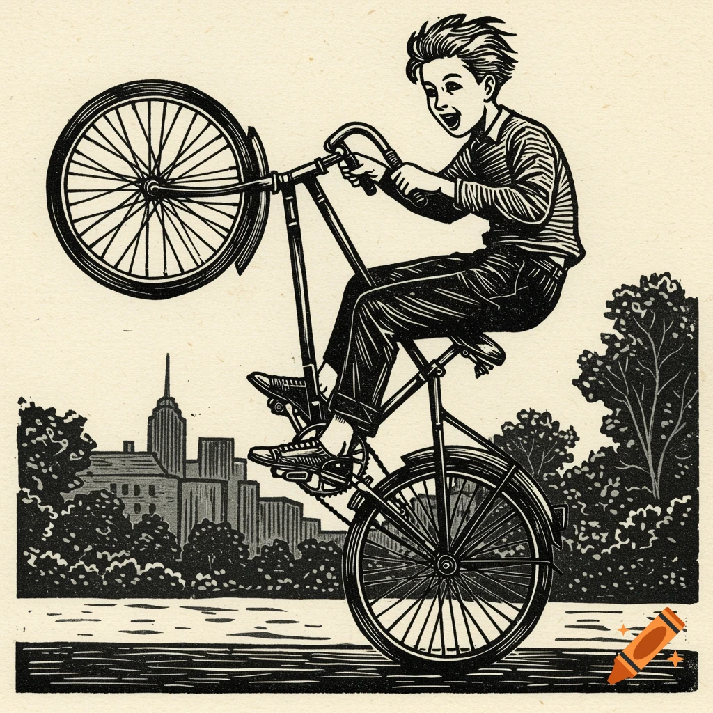 Linocut illustration of a smiling boy doing a wheelie on a bicycle with a city skyline and trees in the background.