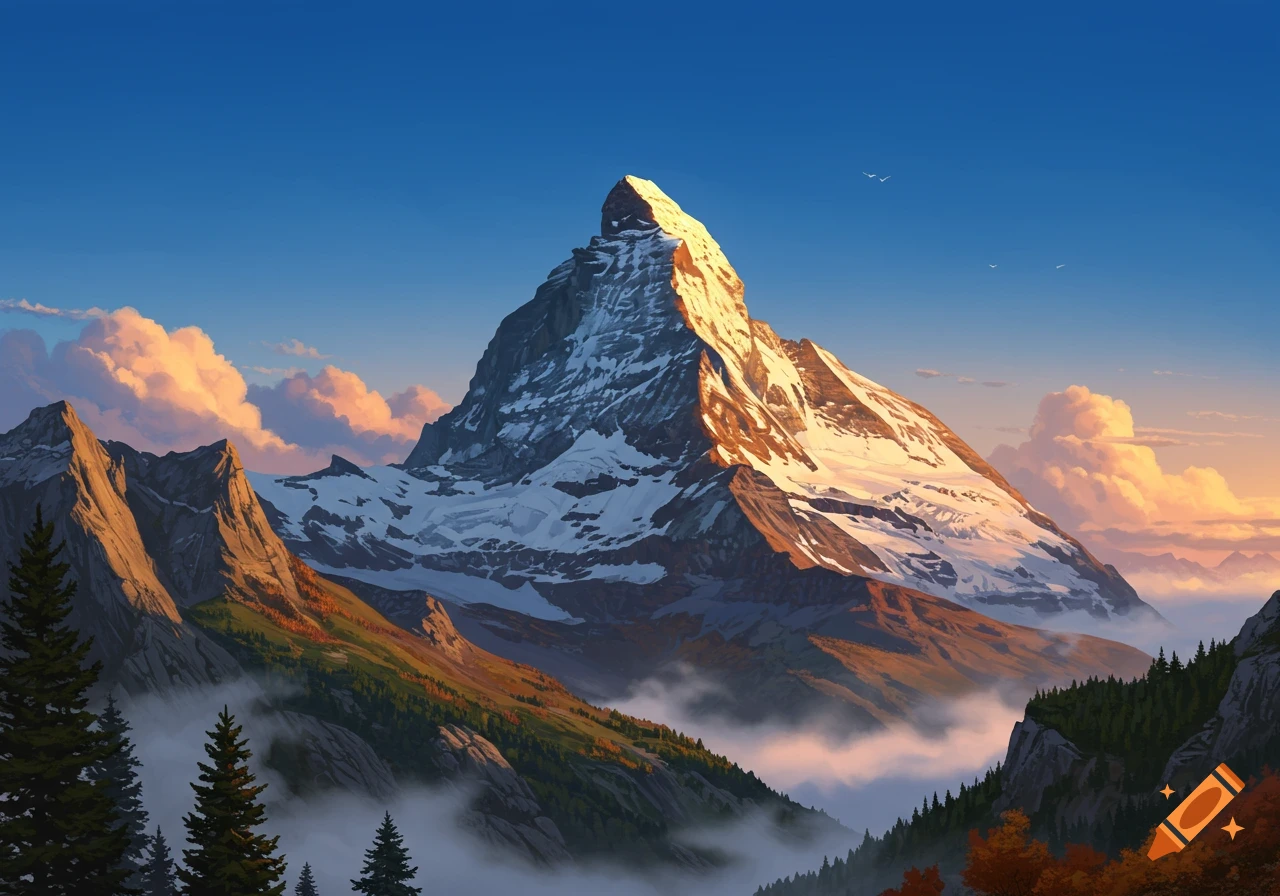 A majestic, snow-capped mountain bathed in golden light, towering over forested valleys and mist-shrouded peaks at sunrise.