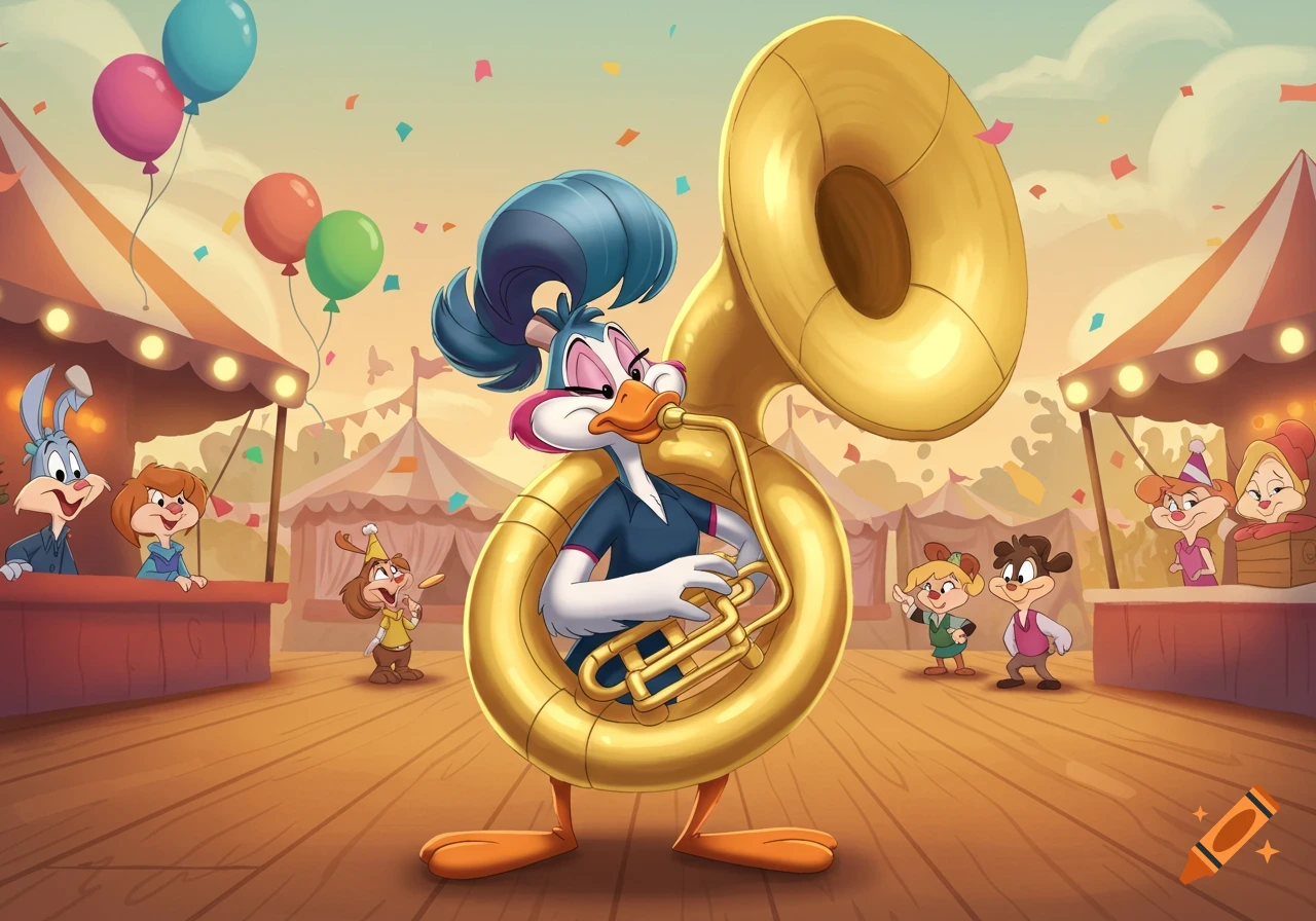 Shirley the loon, a duck-like cartoon character, plays a sousaphone at a lively carnival with other cartoon characters and balloons.