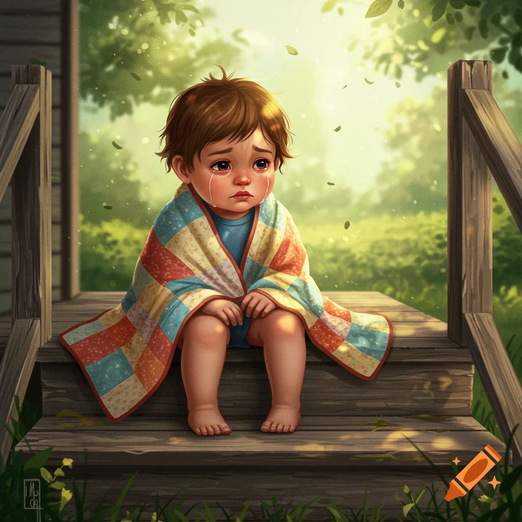A sad, crying child wrapped in a colorful quilt sits alone on wooden steps outdoors, in an illustrative style.