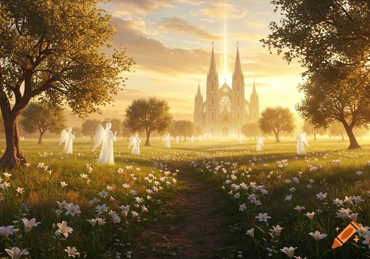 Angels stand in a sunlit meadow of white flowers, leading to a majestic gothic church under a golden sky.