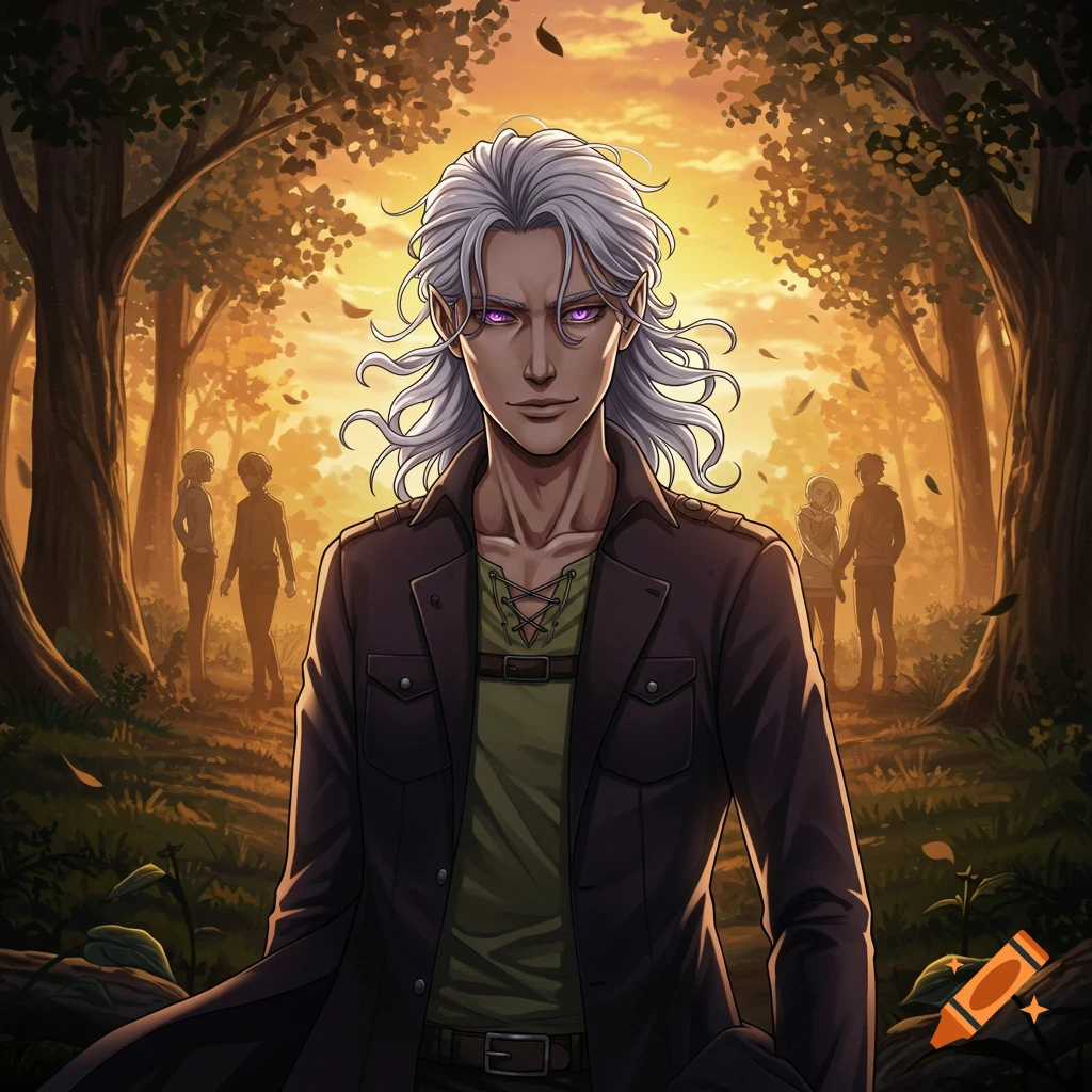 Anime-style character with flowing white hair and purple eyes in a sunlit forest with silhouetted figures.