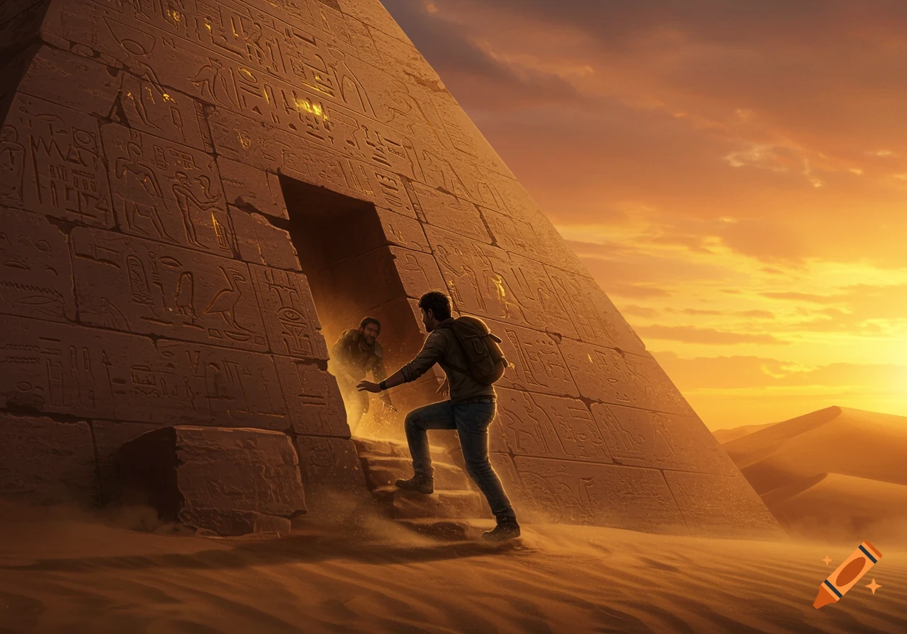 Two men explore a large, sand-covered pyramid under an orange sunset sky, one climbing out of a glowing entrance.