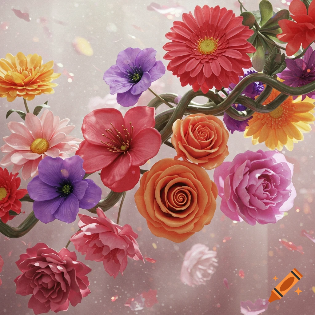 Vibrant 3D rendered flowers in various colors, including roses, gerberas, and other blossoms, with swirling stems and falling petals on a light background.