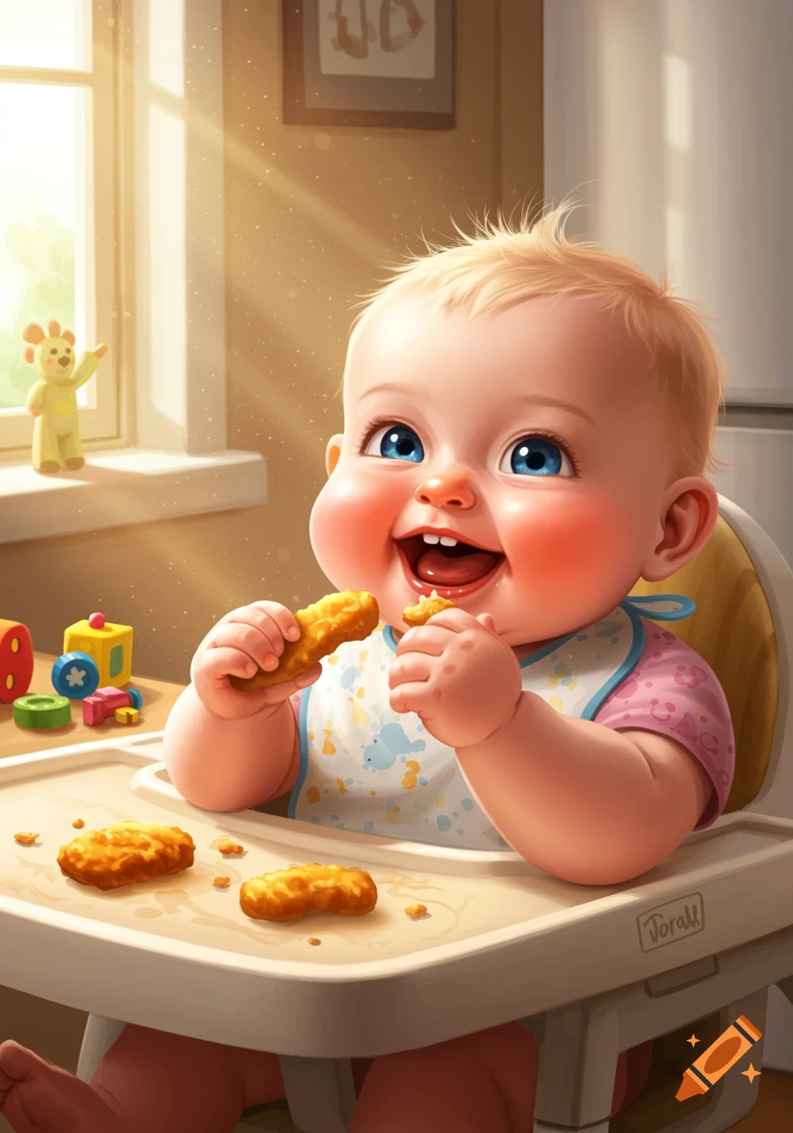 A happy chubby baby with blue eyes sits in a high chair, gleefully eating chicken nuggets with sunbeams shining in from a window.