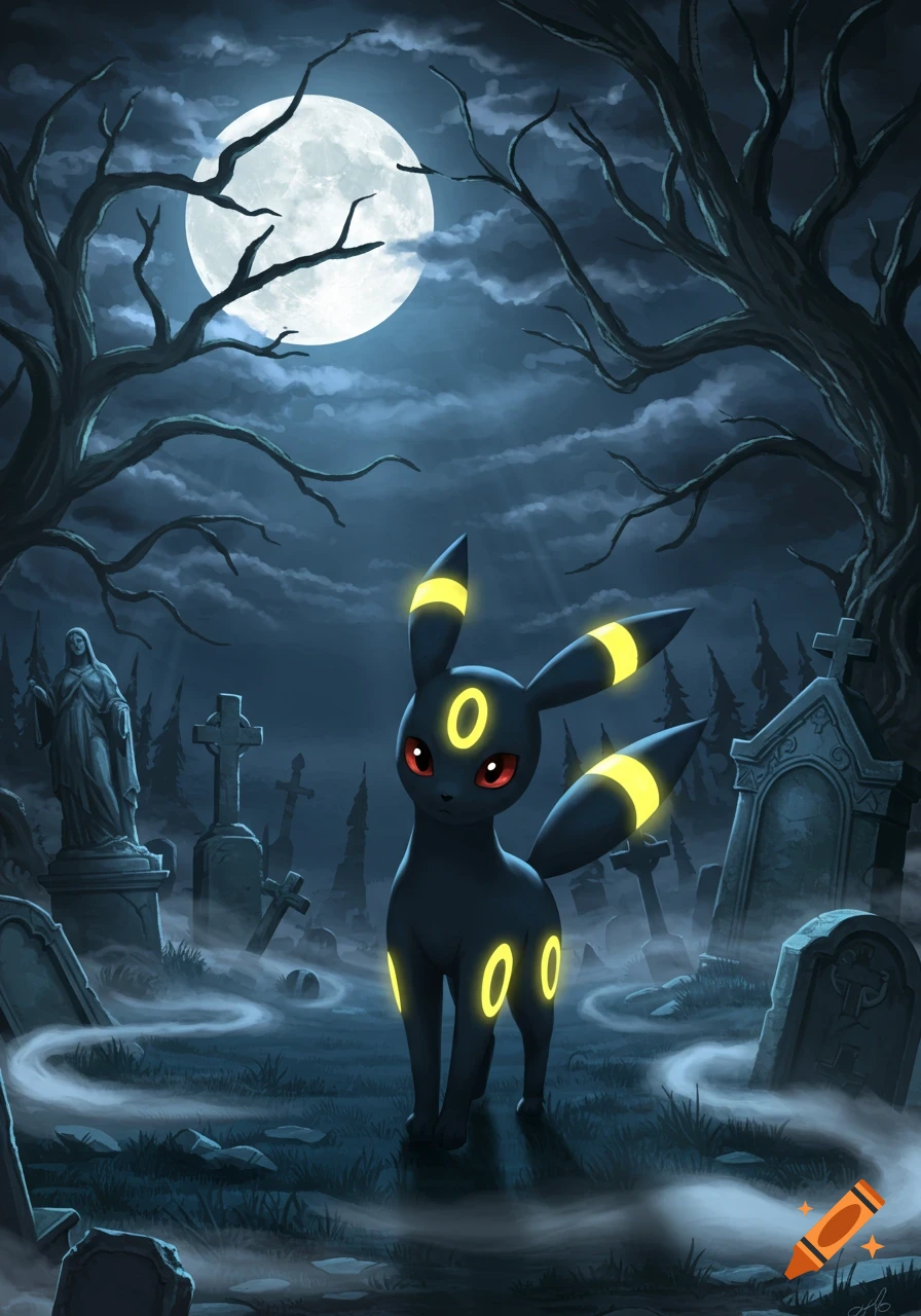 A black Umbreon with glowing yellow rings stands in a misty, moonlit graveyard with gnarled trees and gravestones in an illustrative style.