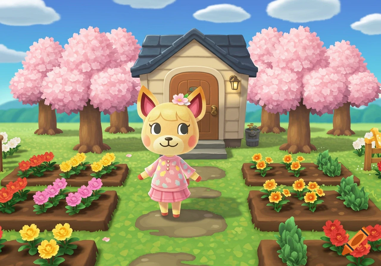 A cute Animal Crossing deer villager stands in a vibrant garden with cherry blossom trees and flower beds in front of a small house.