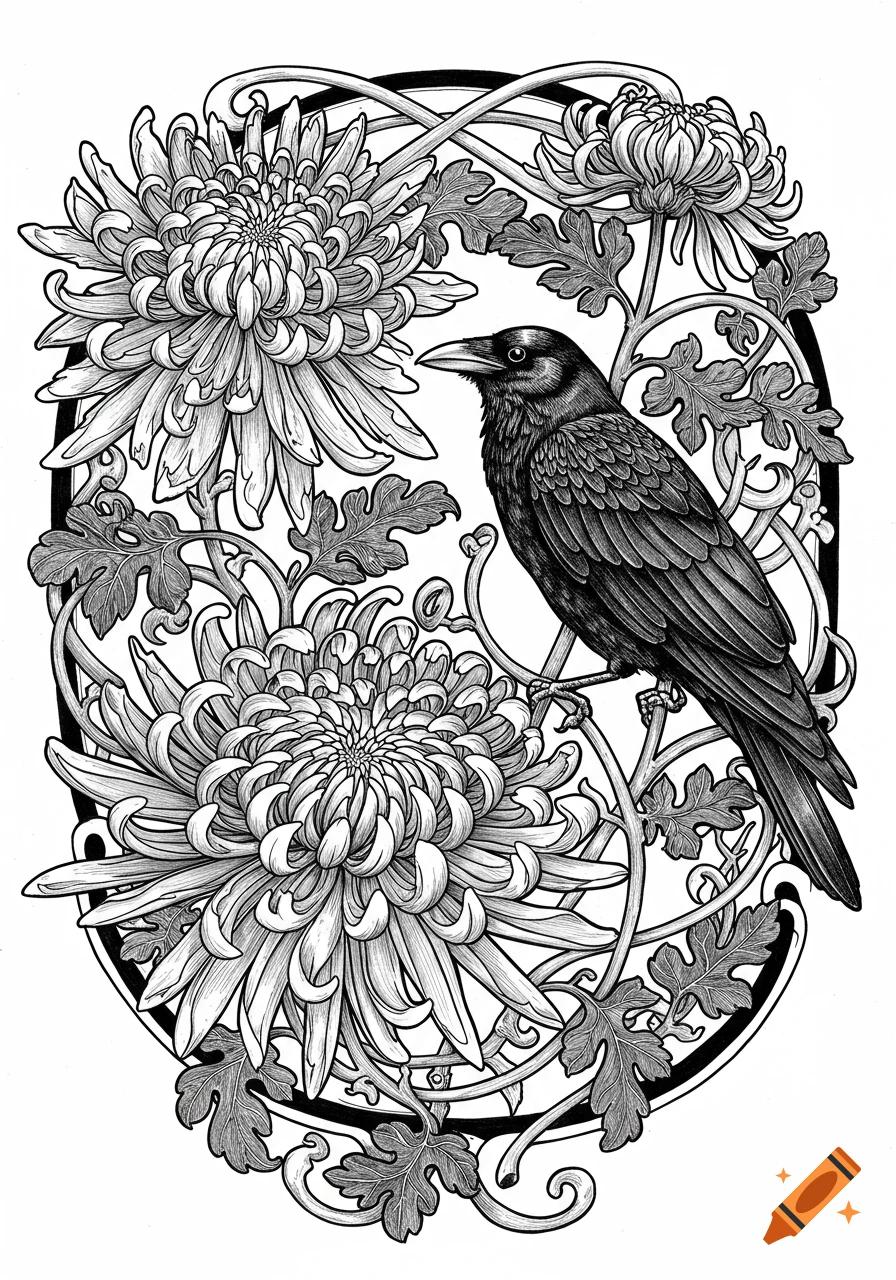 Detailed black and white illustration of two chrysanthemum flowers, vines, and a crow in an Art Nouveau style.