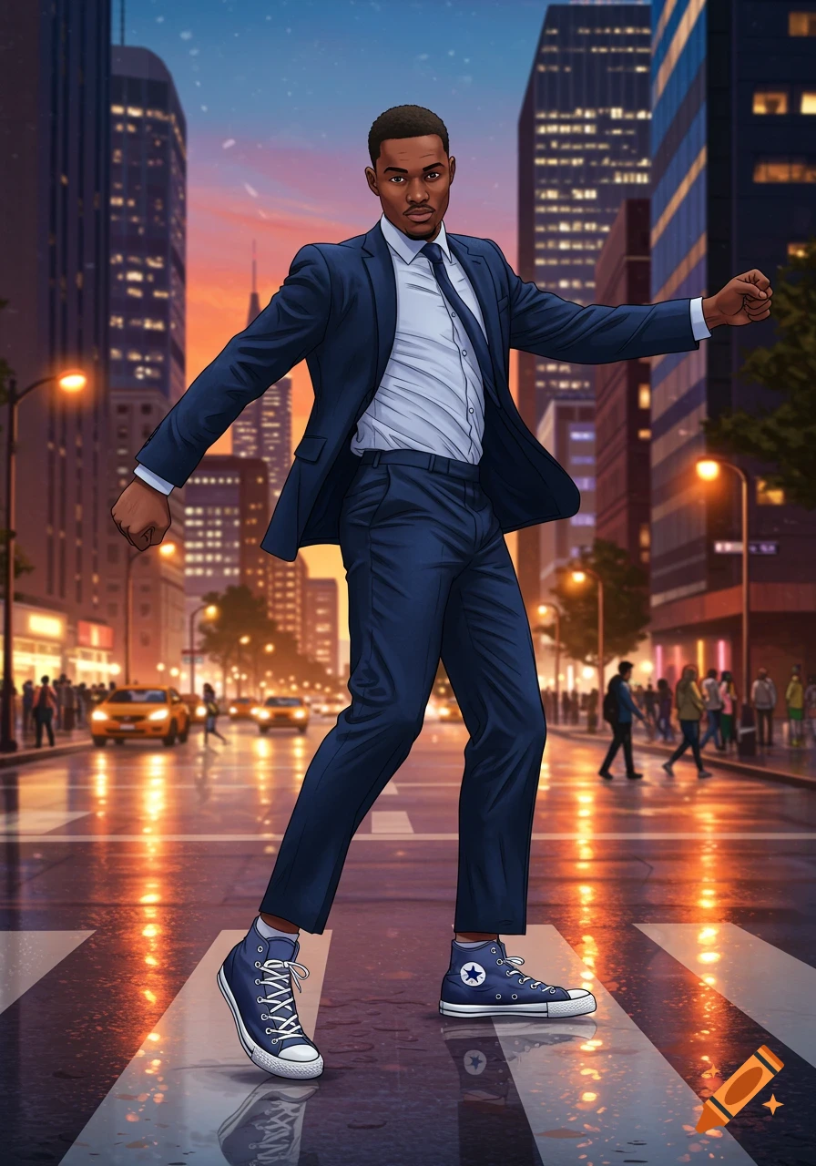 An illustration of a stylish man in a suit and converse sneakers walking on a wet city street at sunset.