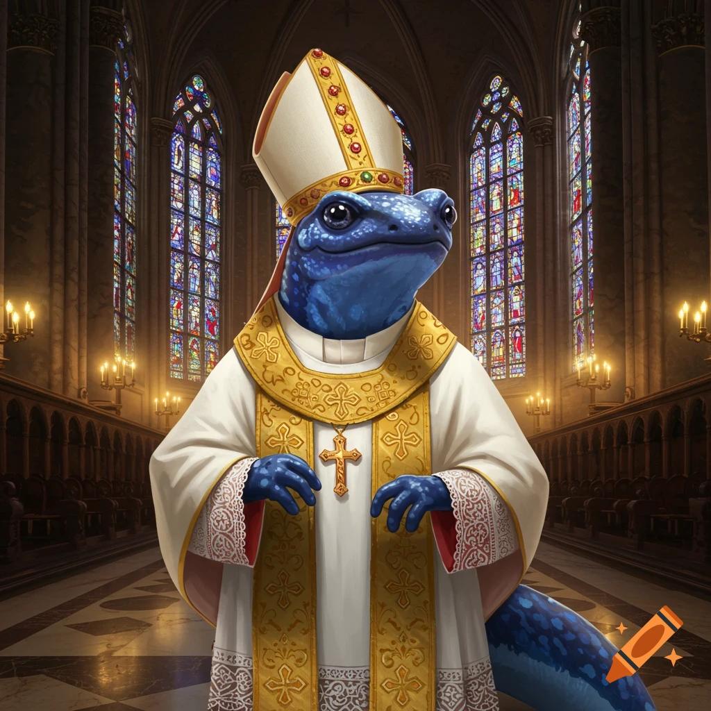 A blue salamander dressed as a pope stands in a grand church with stained glass windows.