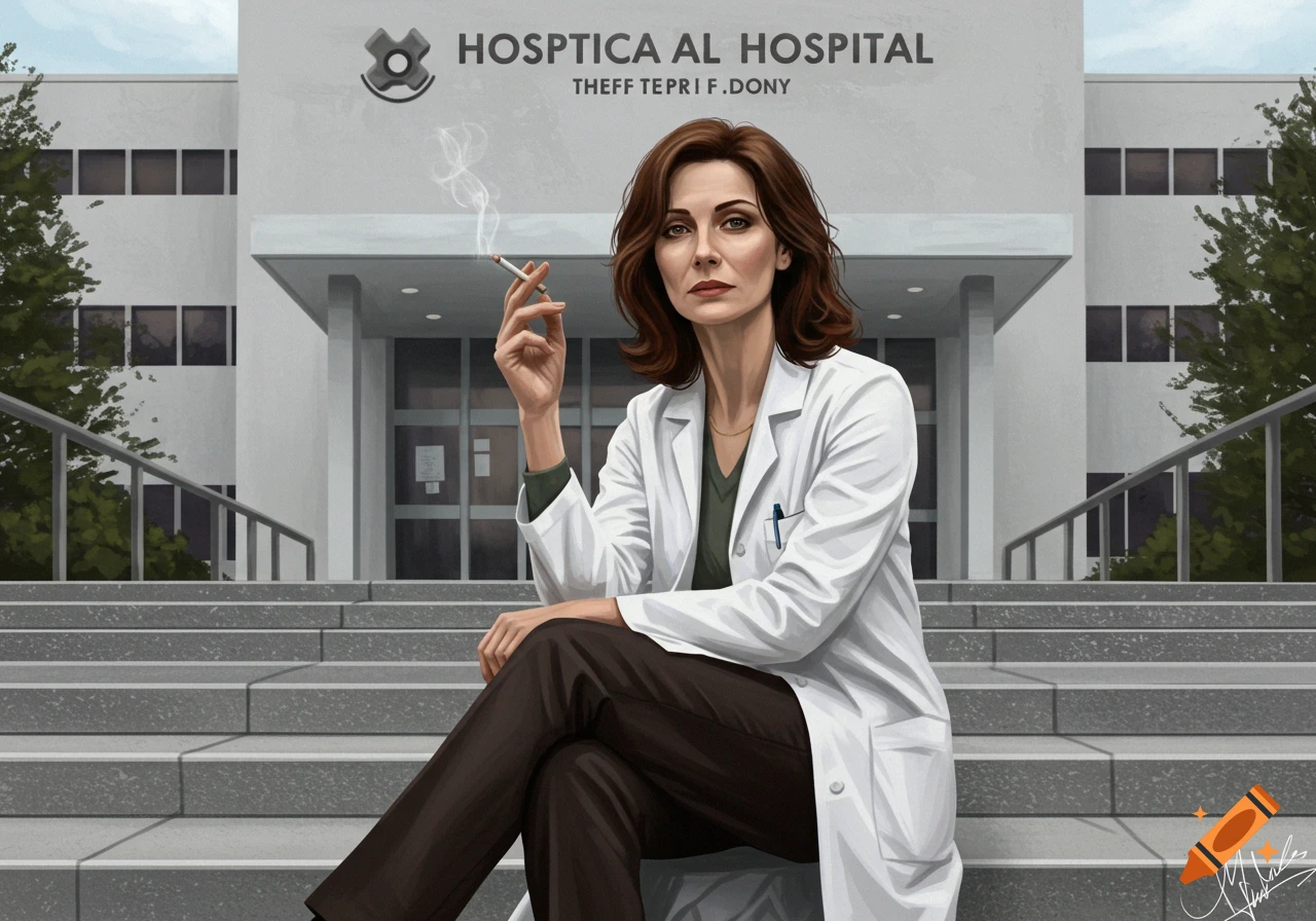 Realistic illustration of a serious woman in a white lab coat sitting on hospital steps, smoking a cigarette.