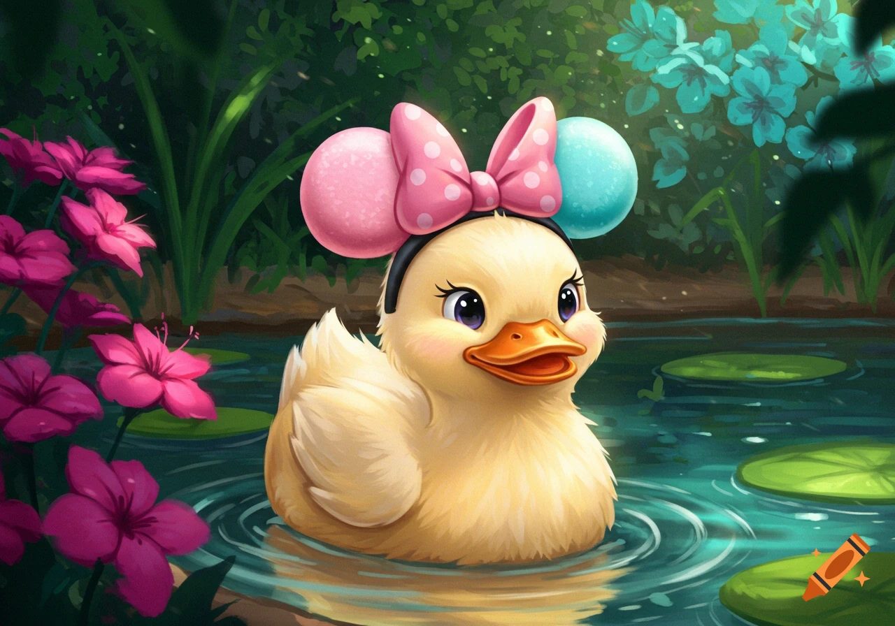 A cute cartoon duckling with pink and blue Minnie Mouse ears and a polka dot bow floats in a pond surrounded by pink and blue flowers.
