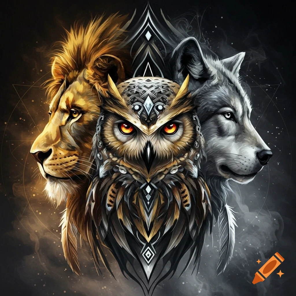 Abstract digital art of a hybrid composition featuring a majestic lion, a detailed owl, and a powerful wolf.