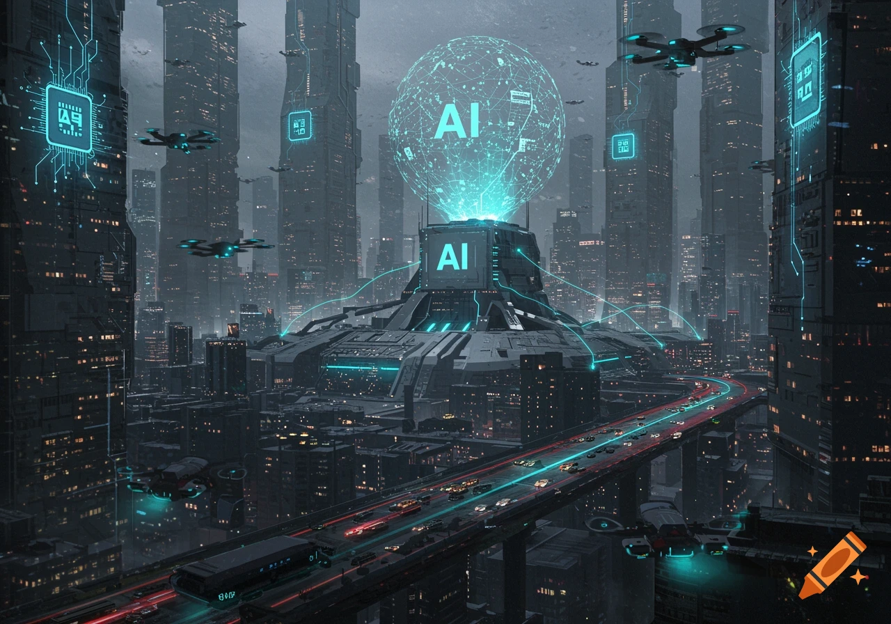 A futuristic cityscape at dusk, dominated by tall skyscrapers and an illuminated central structure displaying 'AI' with network lines, alongside flying drones and a busy elevated highway.