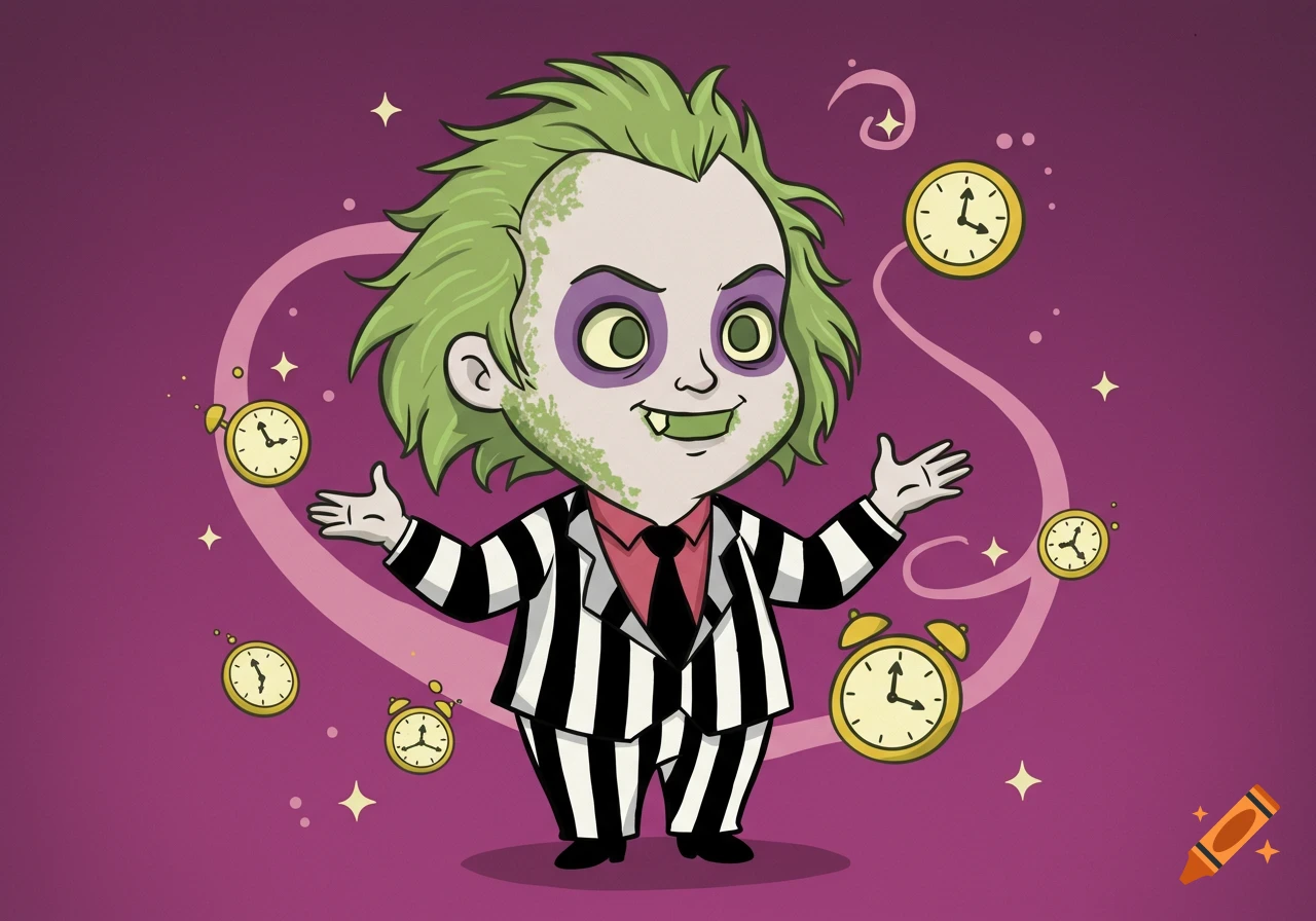 A cute, cartoonish Beetlejuice character in a black and white striped suit, with green hair, stands amidst floating alarm clocks and swirls on a purple background.