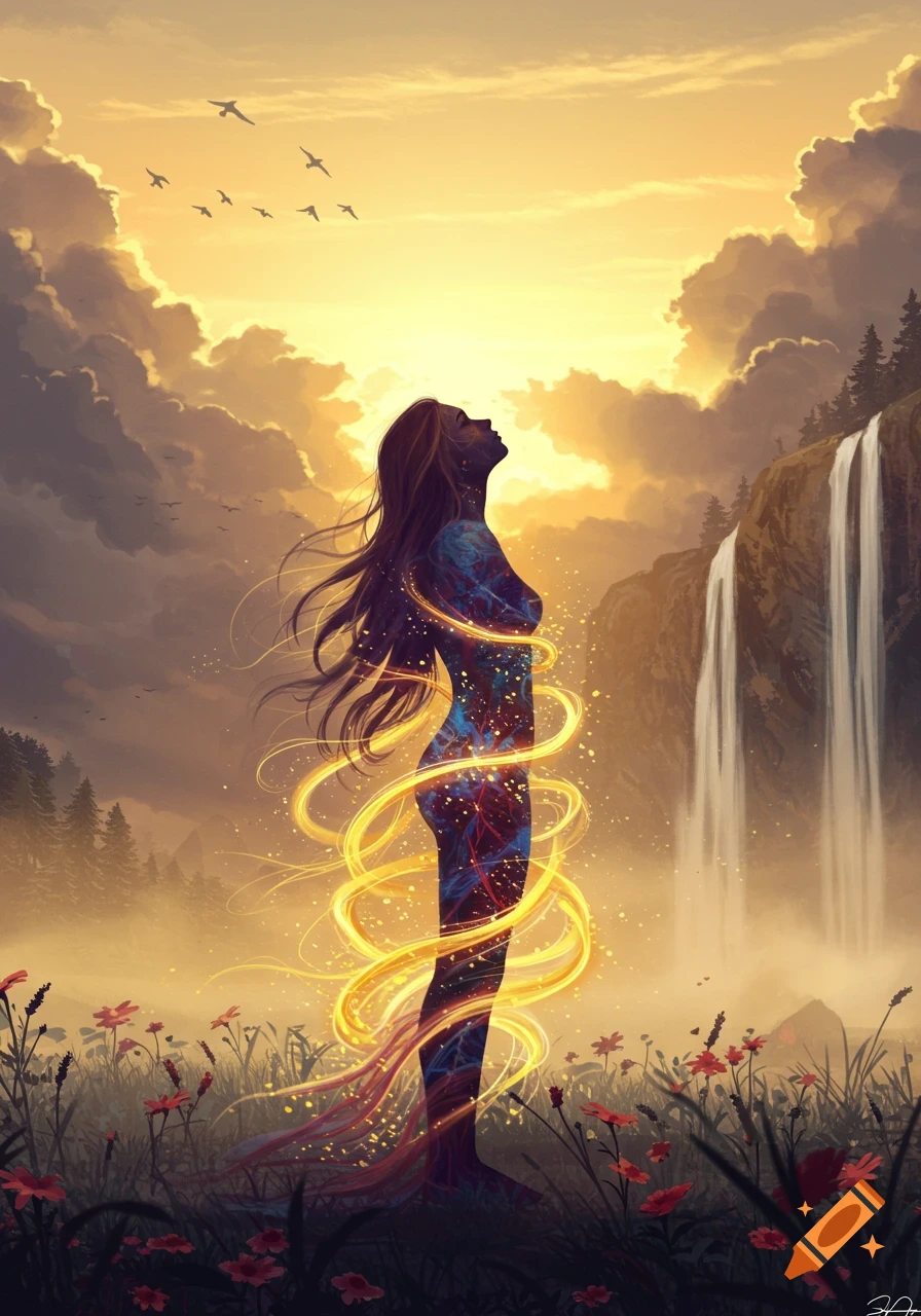 A stylized woman's silhouette wrapped in golden light stands in a field of flowers before a waterfall, gazing up at a vibrant sunset sky.