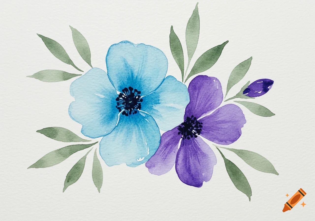 Watercolor painting of a blue and a purple flower with sage green leaves.