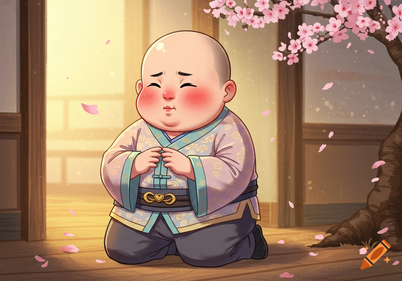 A cute, chubby, bald Asian child in traditional robes kneels in a soft, bright room with cherry blossoms falling.