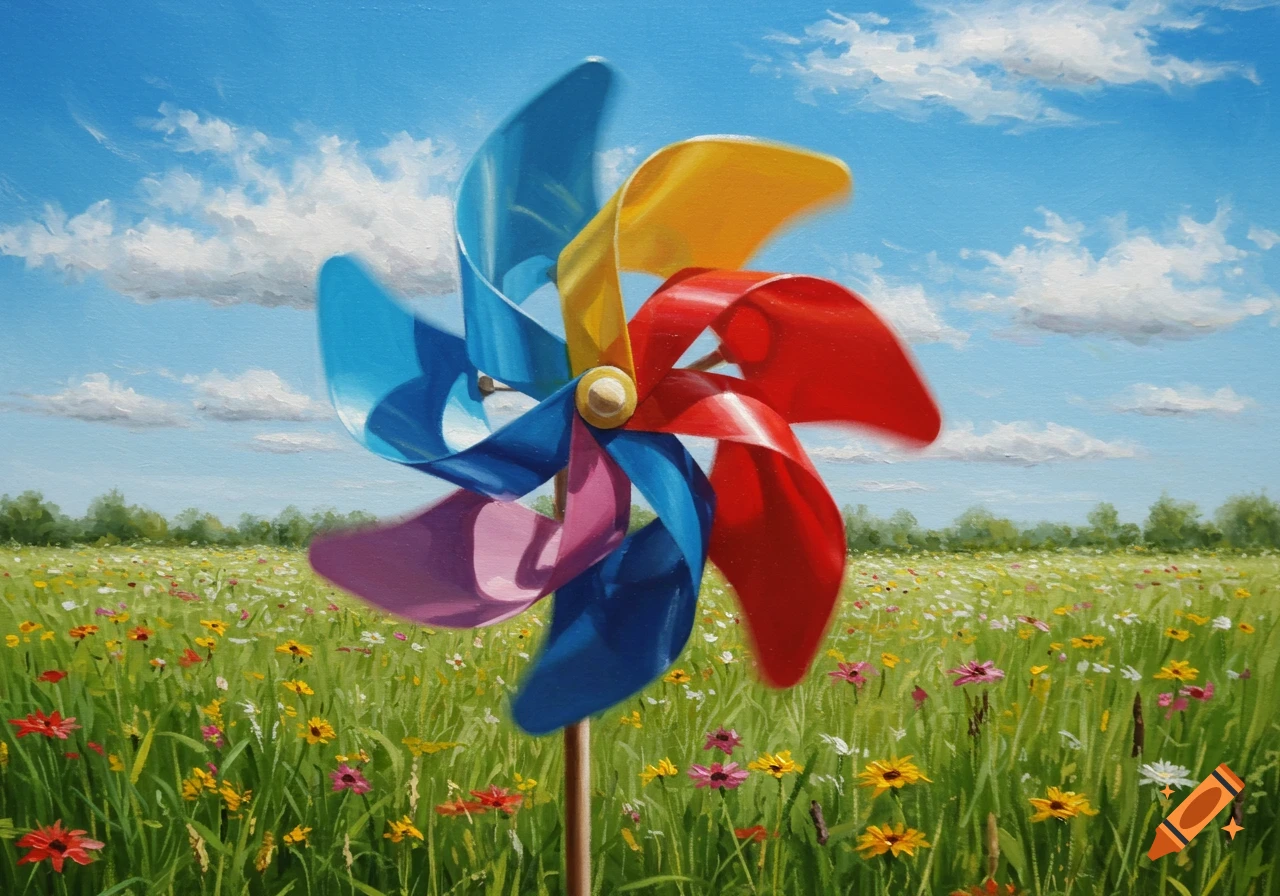 A colorful pinwheel with red, yellow, blue, and purple blades spinning in a vibrant field of wildflowers under a blue sky with white clouds, in a painting style.