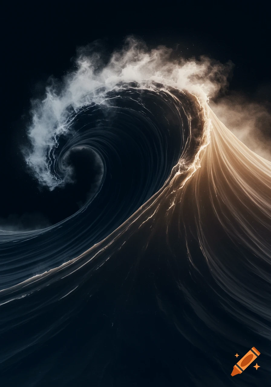 A dramatic, stylized dark blue wave with golden foam cresting against a black background.