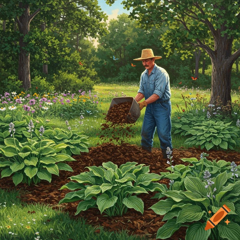 A man in a straw hat spreads mulch around hosta plants in a sunny, lush garden filled with wildflowers and trees, in a realistic painting style.