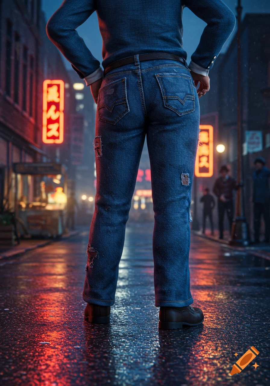A person in blue jeans stands with hands on hips, viewed from behind, on a wet, neon-lit city street at night.