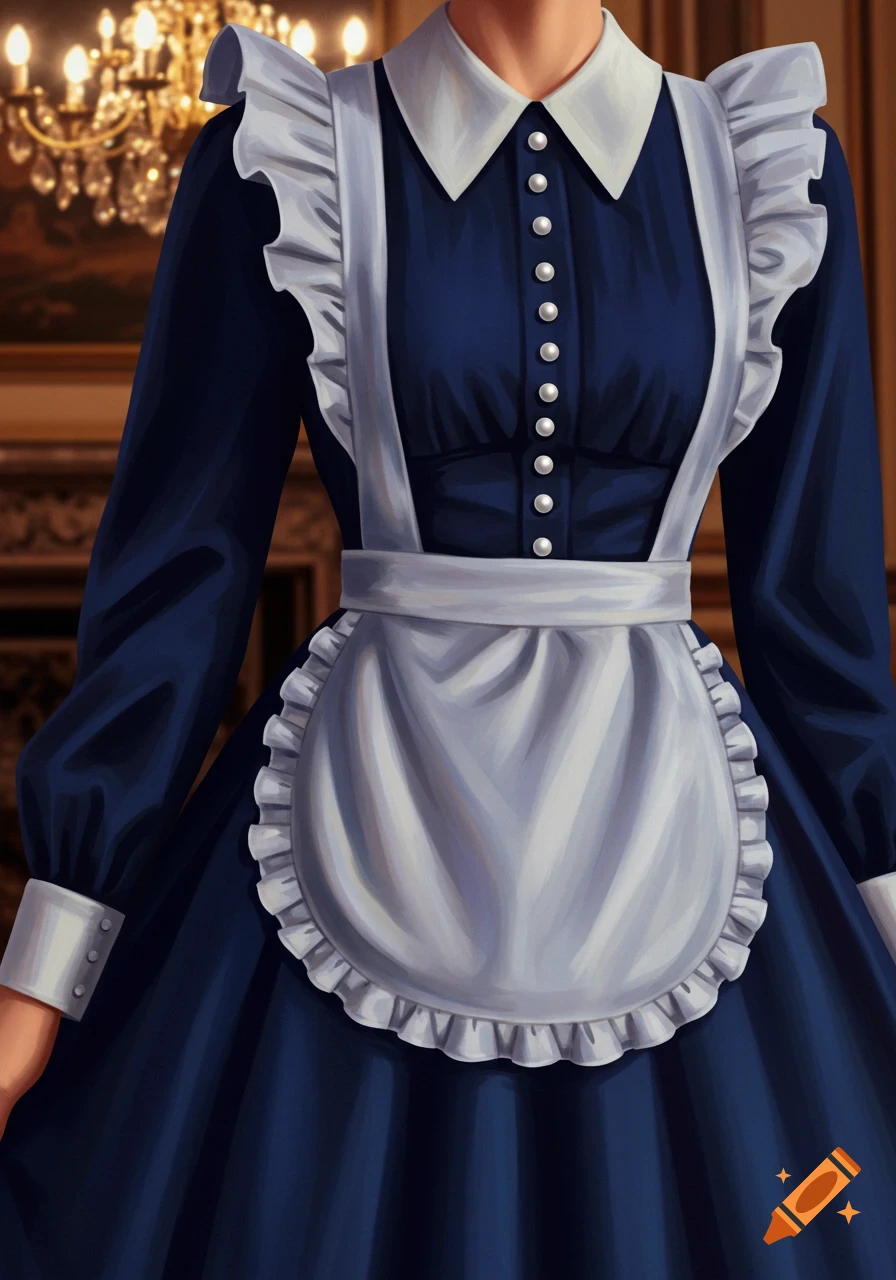 Close-up of a person wearing a navy blue maid dress with a white ruffled apron, white collar, and pearl buttons, with a chandelier in the background. Digital painting style.
