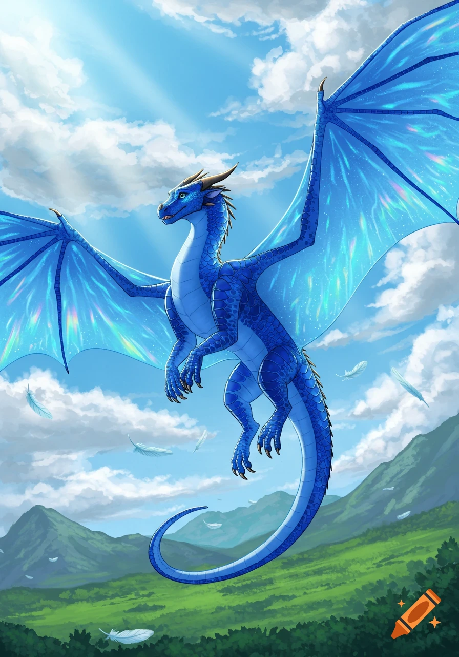 A vibrant blue dragon with shimmering, iridescent wings soars through a bright blue sky filled with white clouds over green mountains.