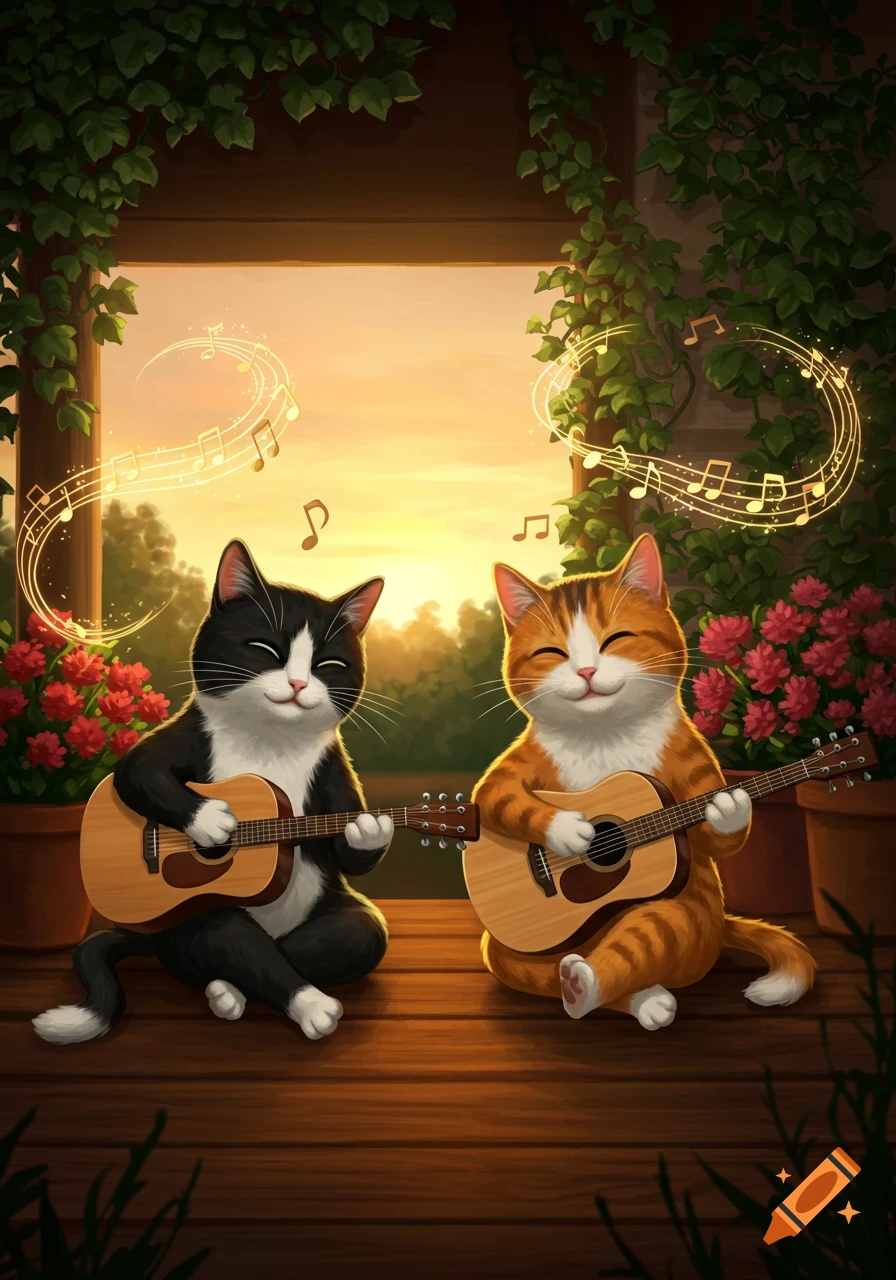 Two cartoon cats, one black and white, one orange tabby, sit outdoors playing acoustic guitars with musical notes floating around them at sunset.