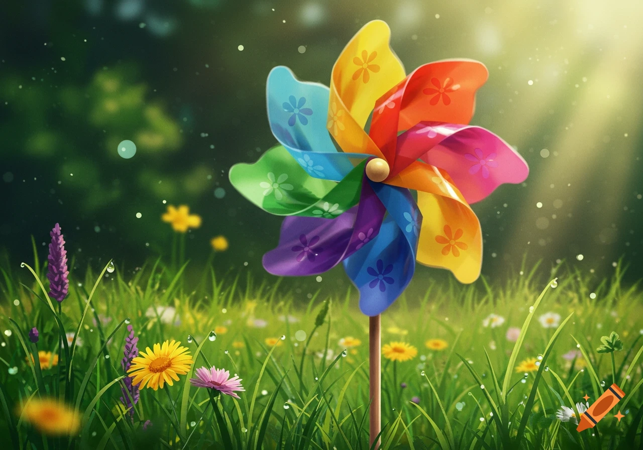 A vibrant multi-colored pinwheel stands in a lush green field filled with dew-kissed wildflowers under sunlit bokeh.