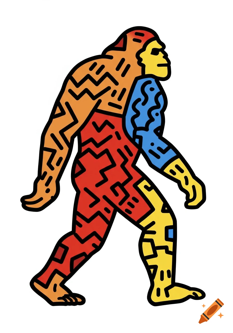A colorful Sasquatch figure depicted in the distinctive pop art style of Keith Haring on a white background.