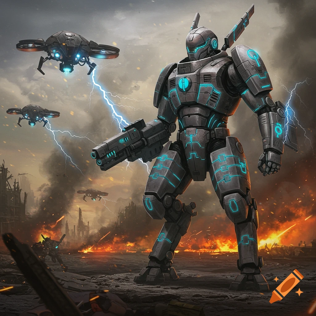 A powerful grey and blue sci-fi mech stands on a destroyed battlefield with flying drones and lightning, amidst fires and smoke.