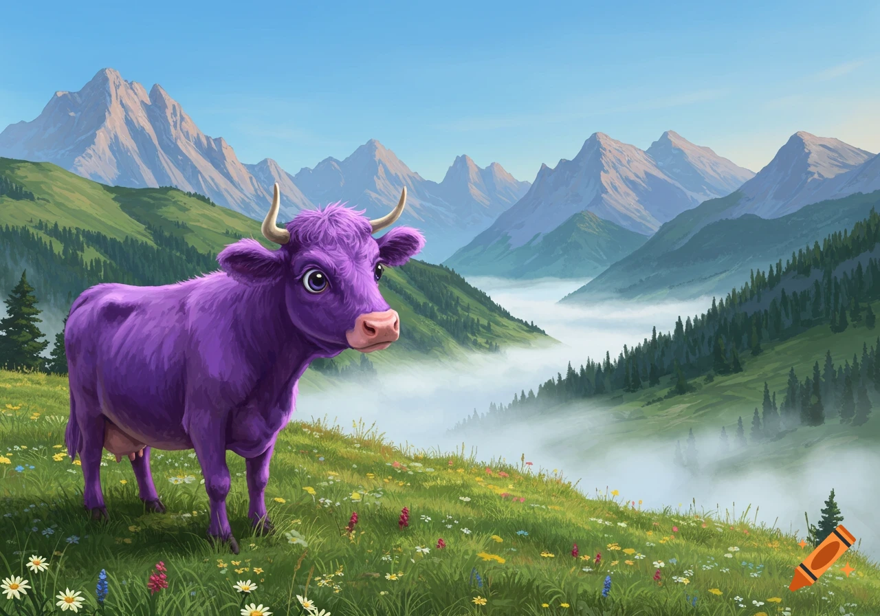 A whimsical purple cow stands in a vibrant green mountain meadow with colorful wildflowers, overlooking a misty valley.