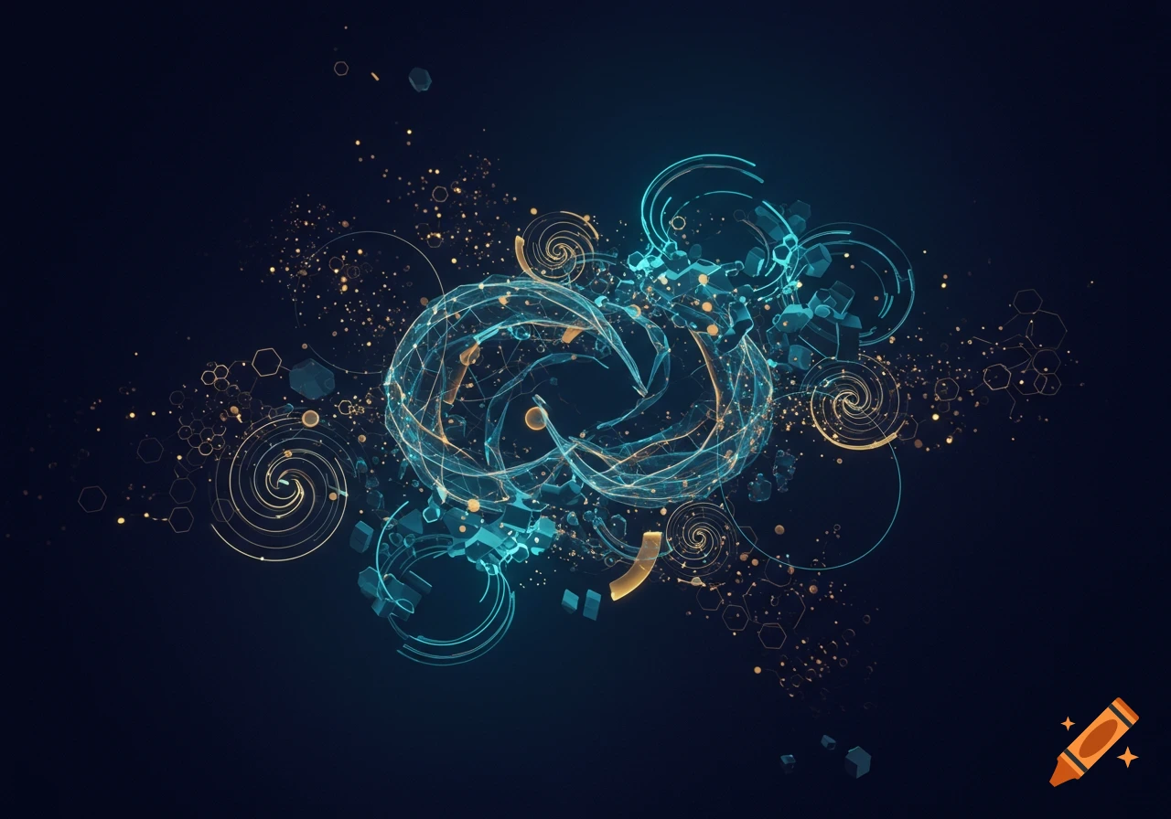 An abstract digital composition featuring glowing interconnected blue and gold lines, spirals, cubes, and particles against a dark background.