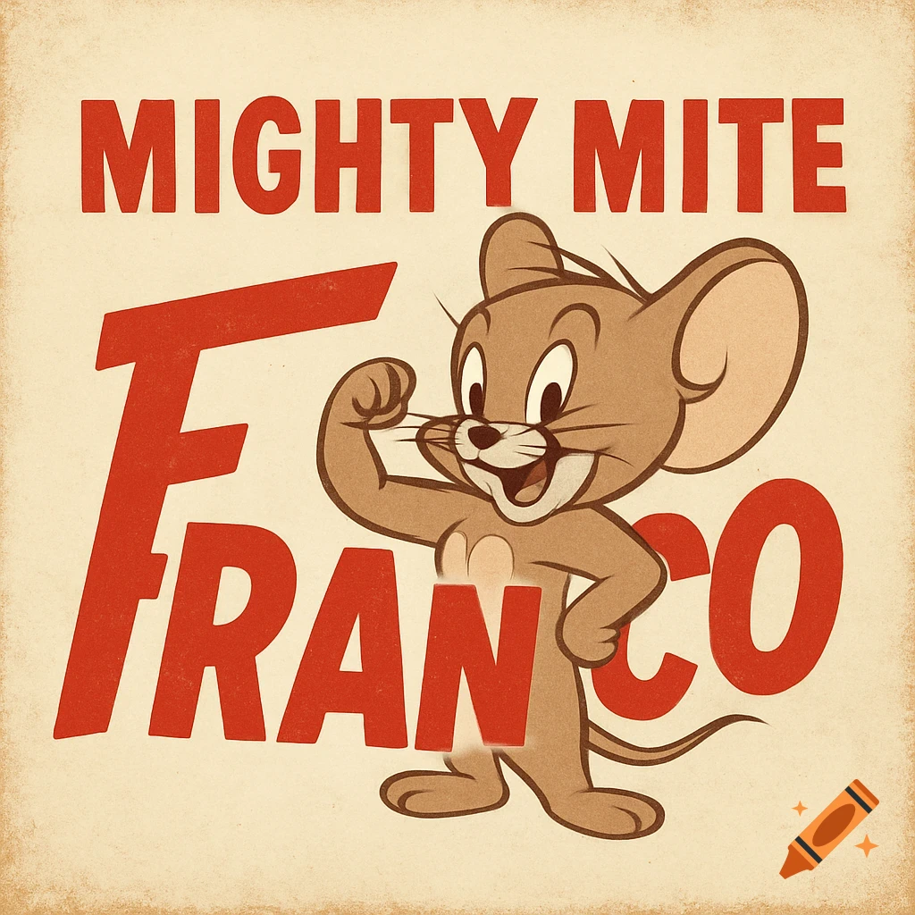 A 1950s style logo featuring Jerry the mouse from Tom and Jerry flexing, with the text 'MIGHTY MITE' and 'FRANCO'.