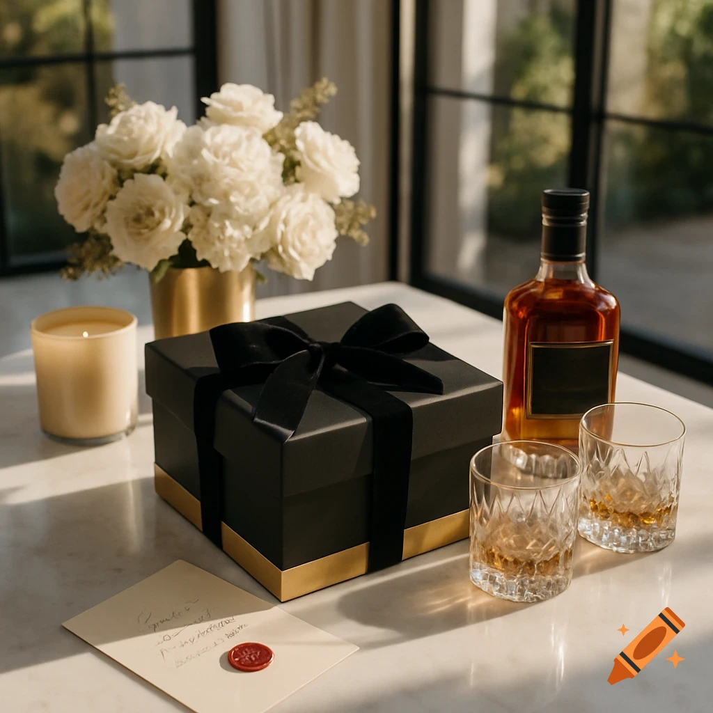 A luxury gift presentation on a marble table with a black and gold gift box, whiskey, glasses, flowers, and a candle.